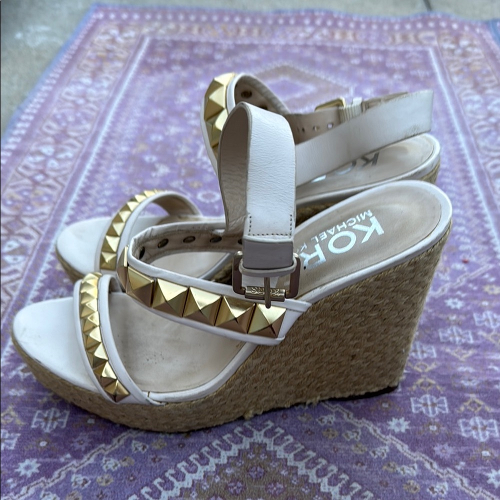Michael Kors White and Gold Wedge Slingback Sandals